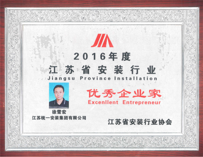 2016年度江苏省安装行业优秀金沙赌玚登录家（奖牌）（2016）