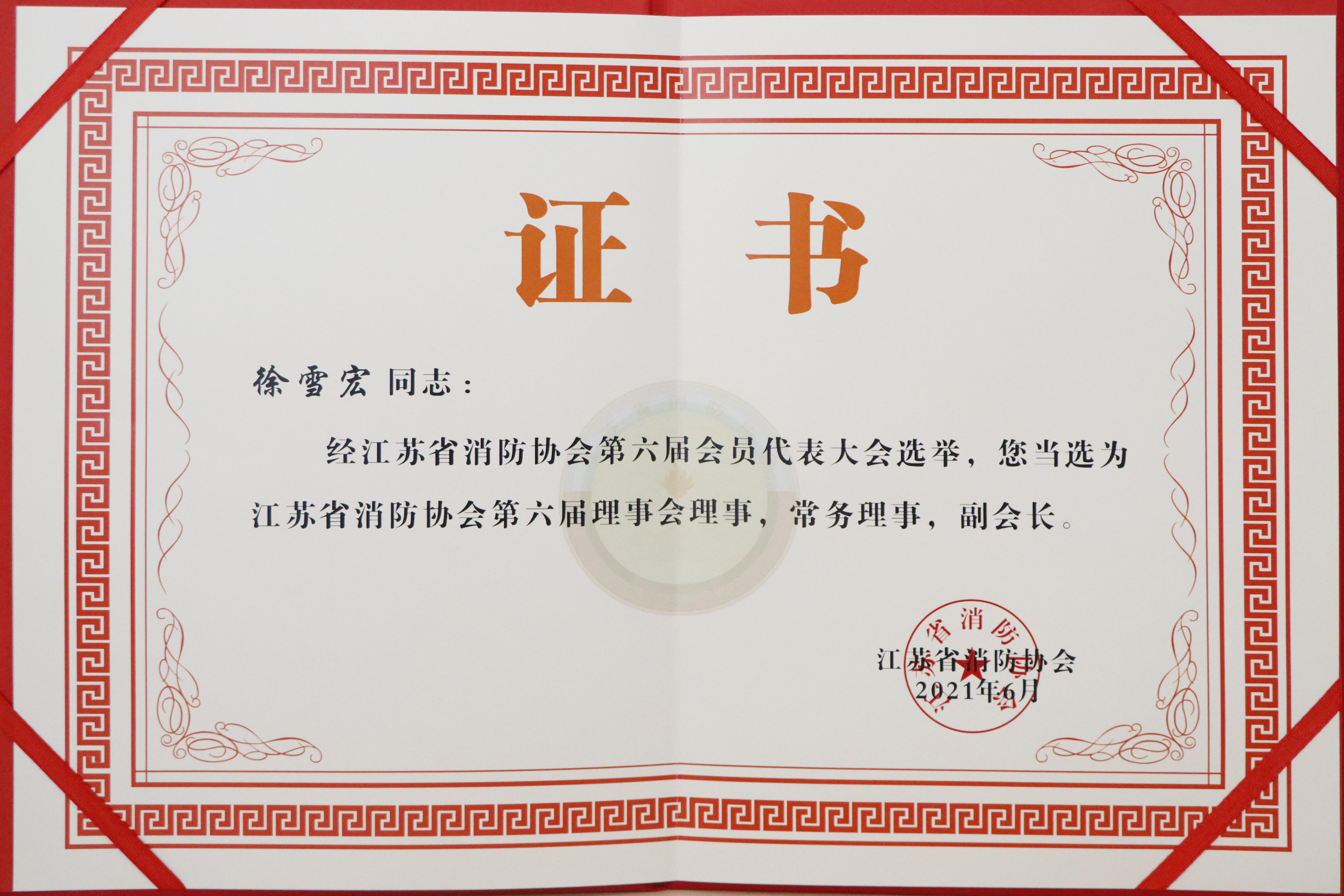 江苏省消防协会第六届理事会理事，常务理事，副会长